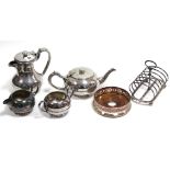 A Walker & Hall silver plated four piece tea & coffee service; a silver plated coaster; & a plated