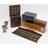 Two pictures; a key cabinet; three plated trophy cups; & sundry other items.