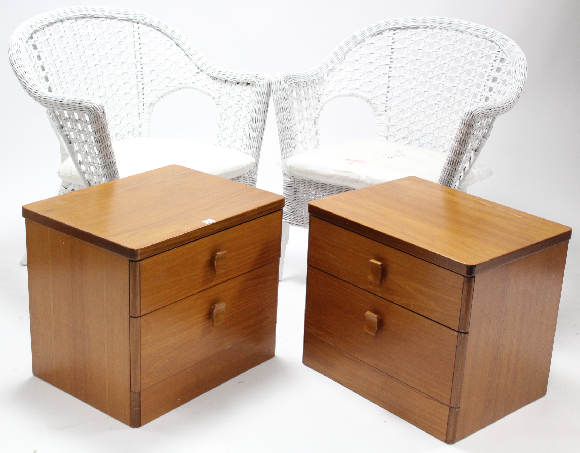 A pair of Stag mahogany-finish two-drawer bedside chest, 22” wide x 19” high; & a pair of white