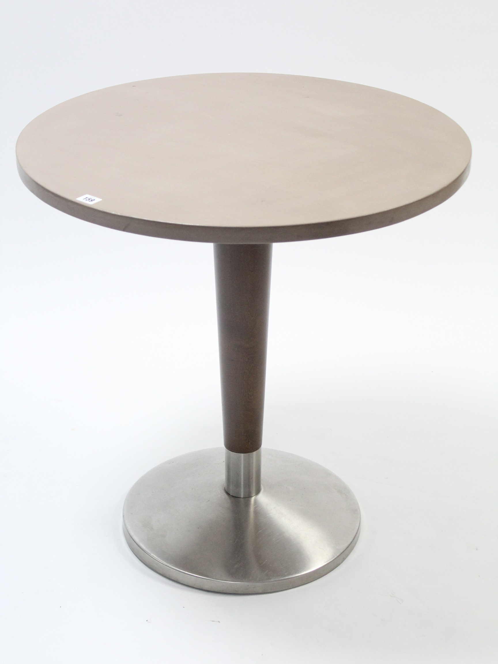 A chrome & dark brown finish kitchen table with light brown finish circular top, 27½” diameter.
