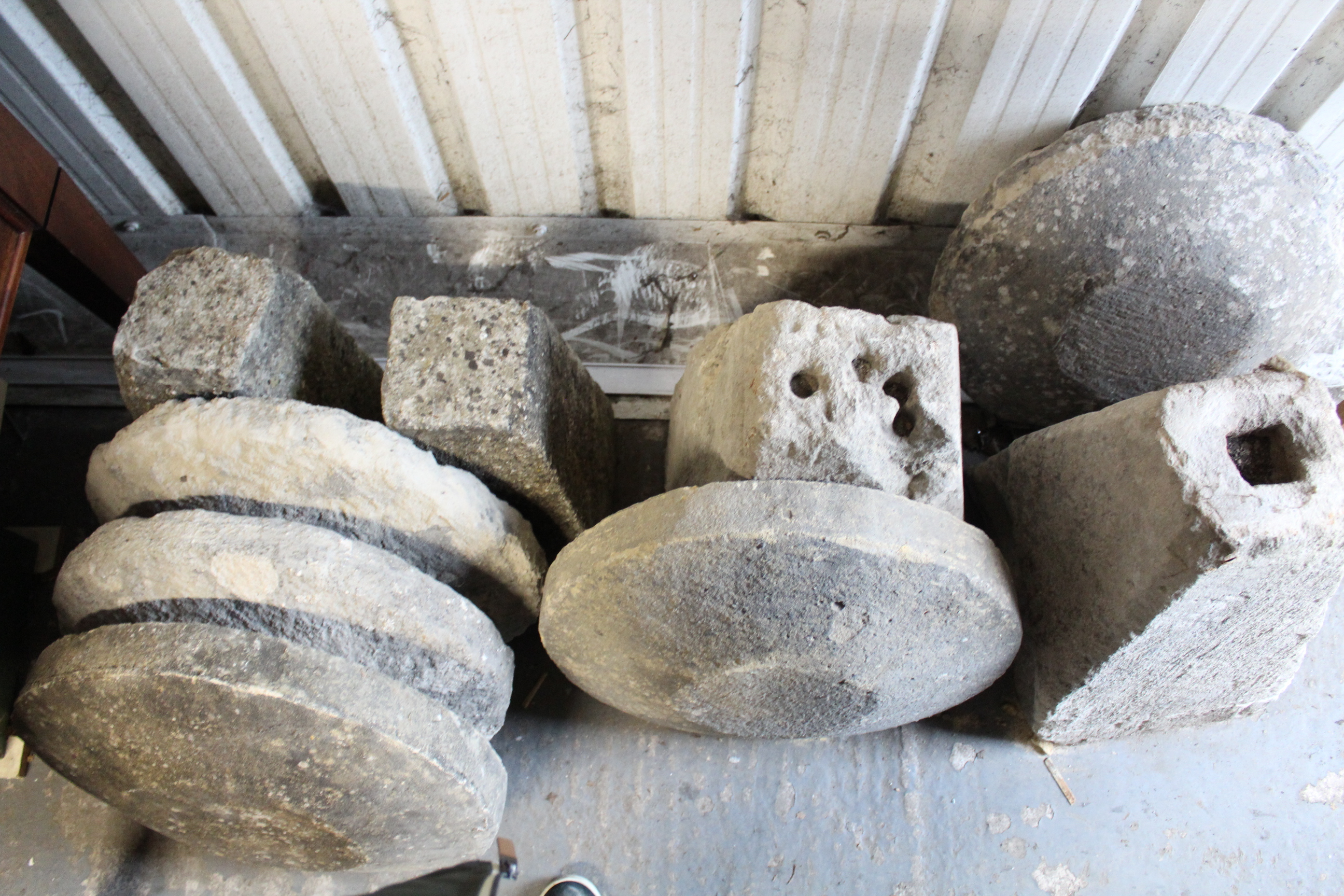 Four cast-stone staddle stones (various sizes); & a staddle stone top, part w.a.f. - Image 2 of 3