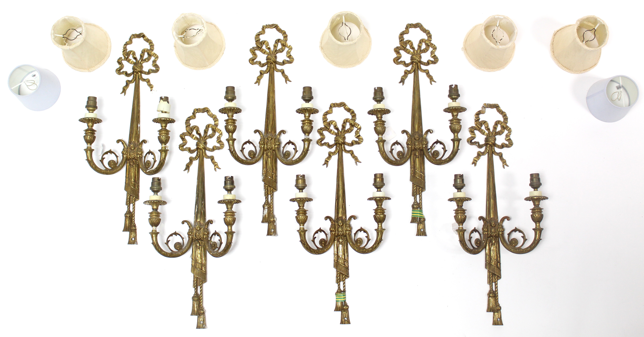 A set of six antique gilt-metal twin-branch wall scones, 10½” wide x 23½” high. - Image 2 of 3