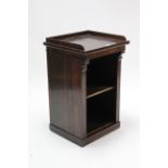 A 19th century rosewood tray-top small upright cabinet, fitted centre open shelf & on plinth base,