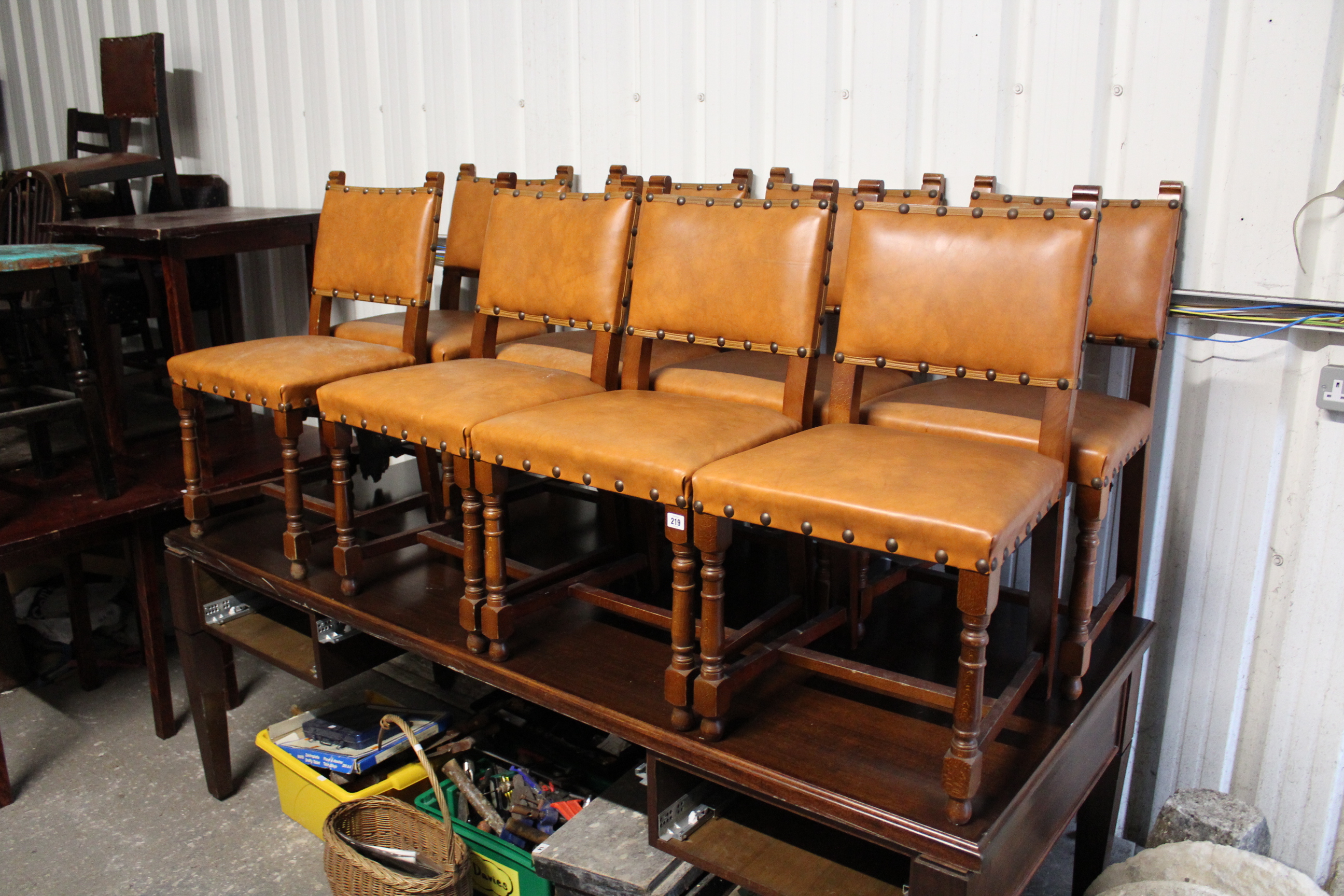 A set of eight oak dining chairs with padded seats & backs upholstered brown leatherette, & on - Image 2 of 2