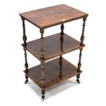 A 19th century inlaid burr-walnut rectangular three-tier whatnot, on turned supports with ceramic