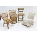 A pine bar stool with woven rush seat, & on square legs with spindle stretchers; together with a