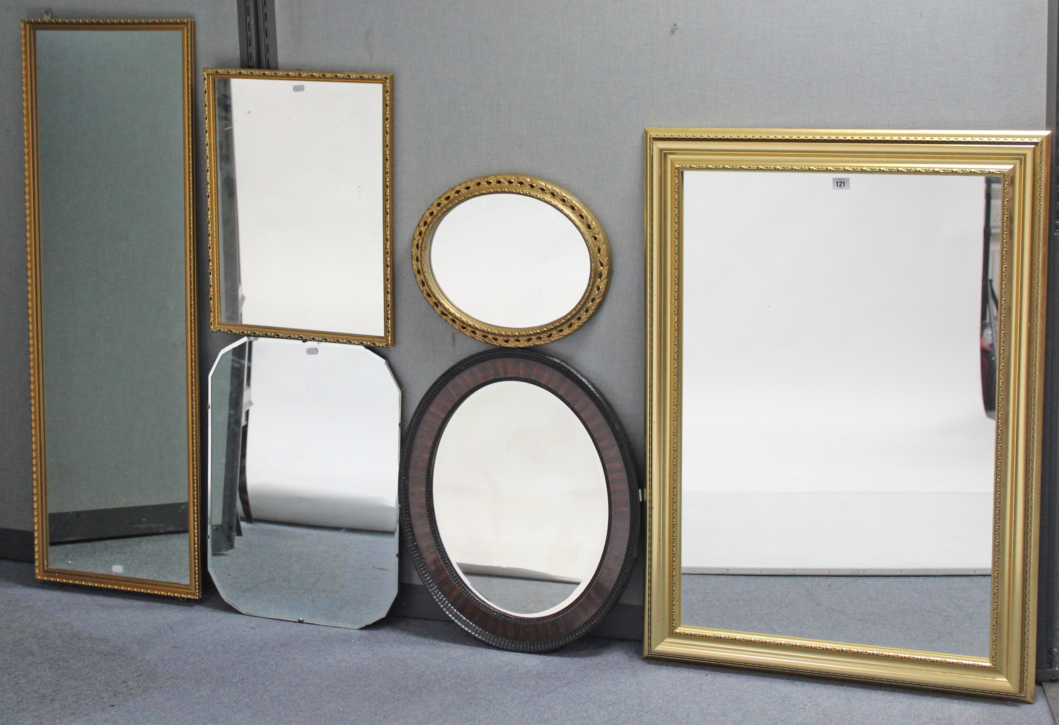 A large gilt frame rectangular wall mirror 42” x 30”; together with five other wall mirrors.