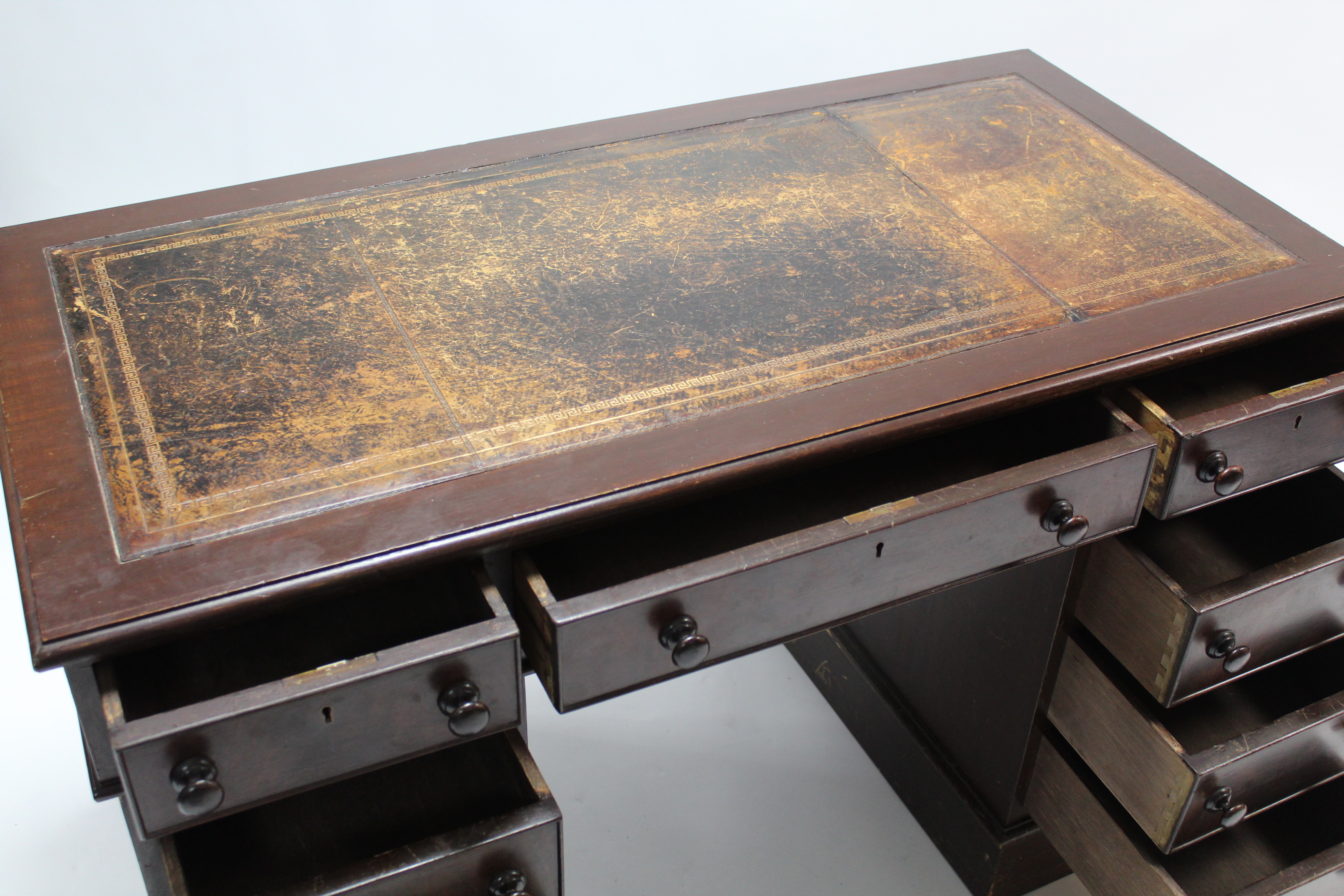 A Victorian mahogany pedestal desk, fitted nine drawers with turned knob handles & inset tooled - Image 3 of 3