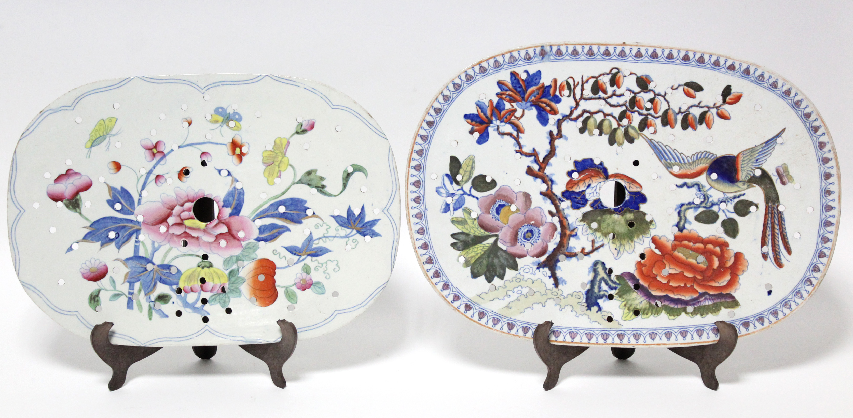 A Hicks, Meigh, & Johnson “Stone China” strainer dish decorated with exotic flowers, bird, &