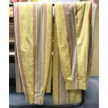 A pair of old gold & crimson damask lined &interlined curtains with floral design & striped
