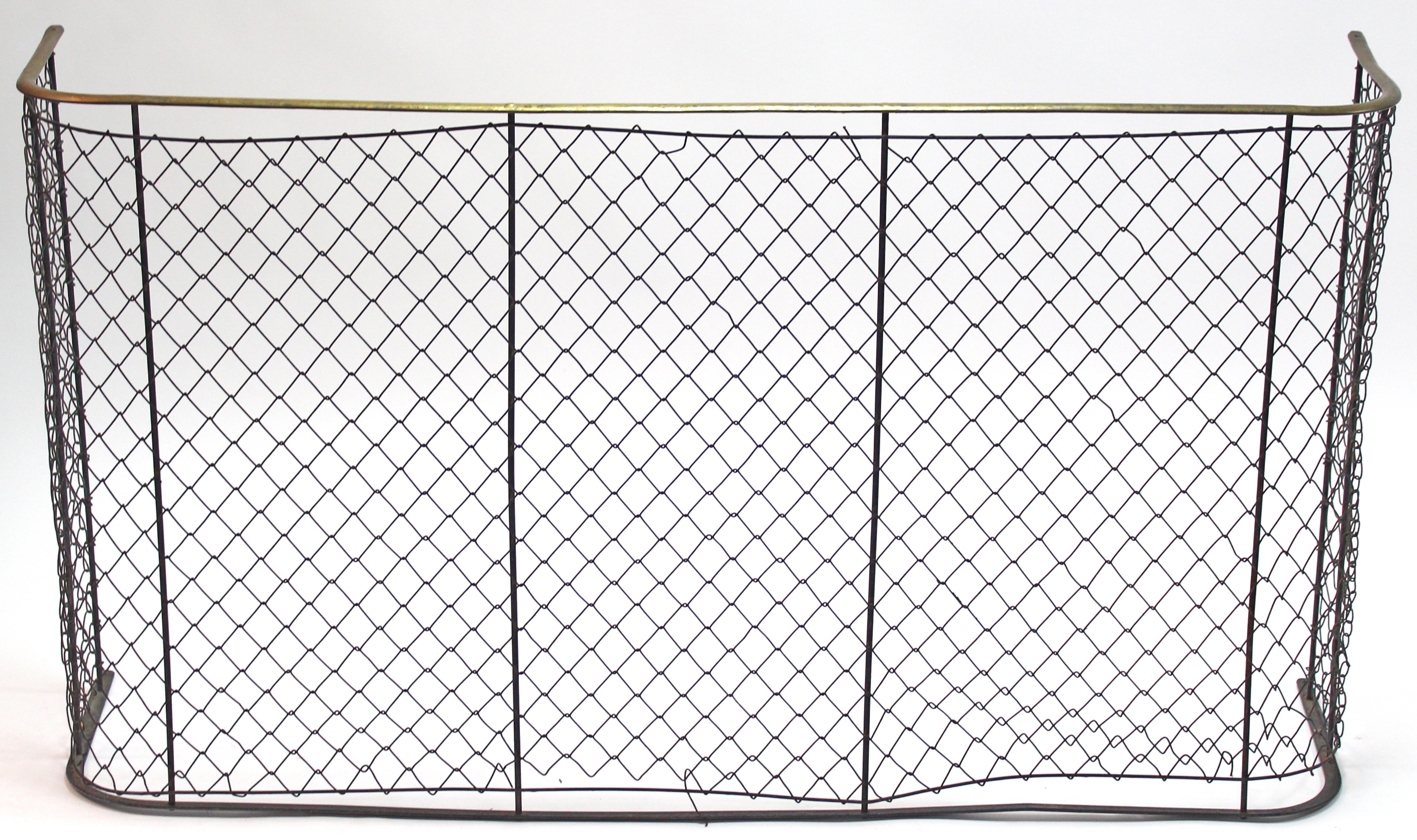 A Victorian brass-rail & wire mesh nursery fire guard; 49” wide x 27” high.