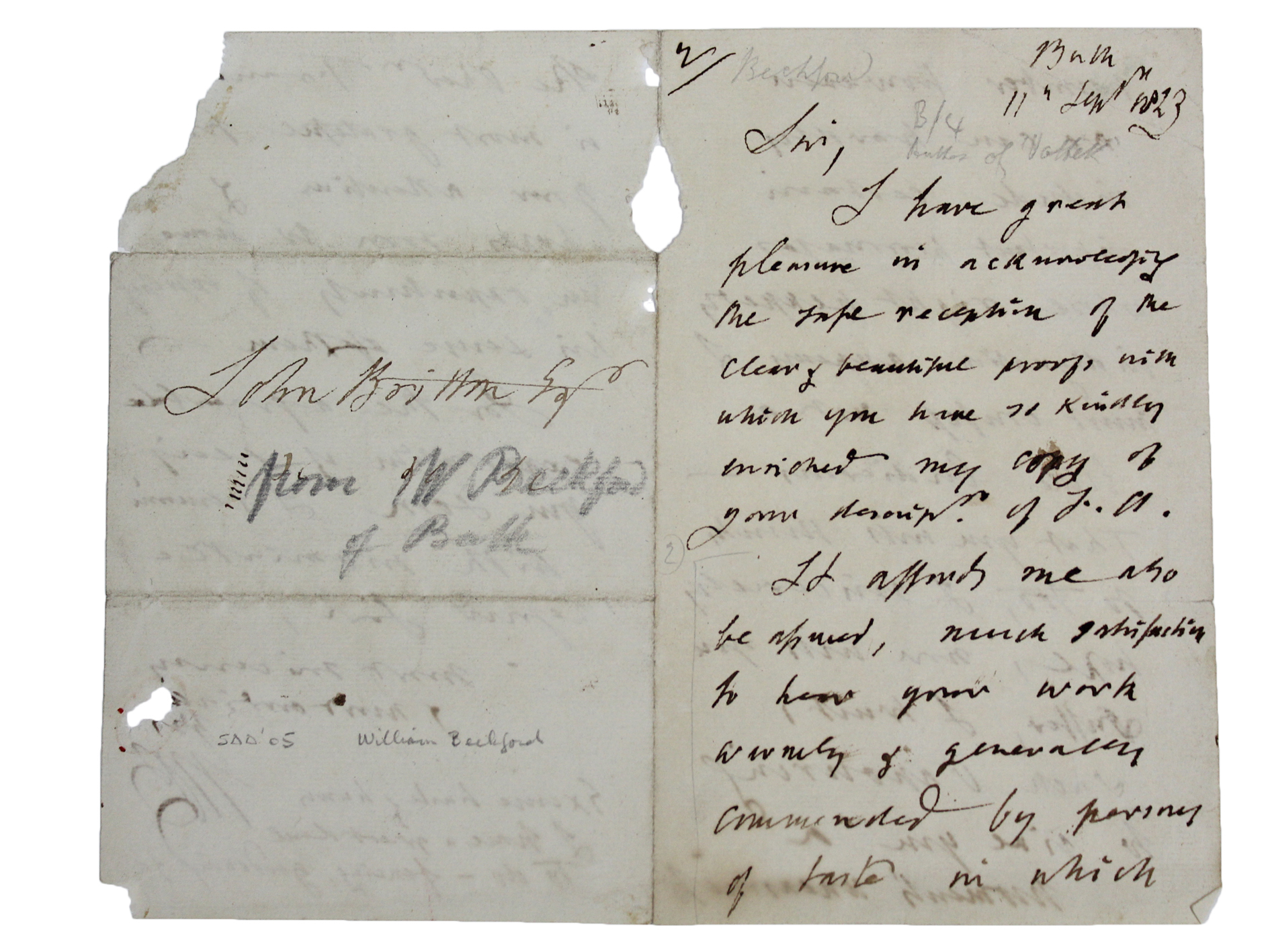 WILLIAM BECKFORD: Autograph letter on three sides from Beckford to John Britton, creator of “