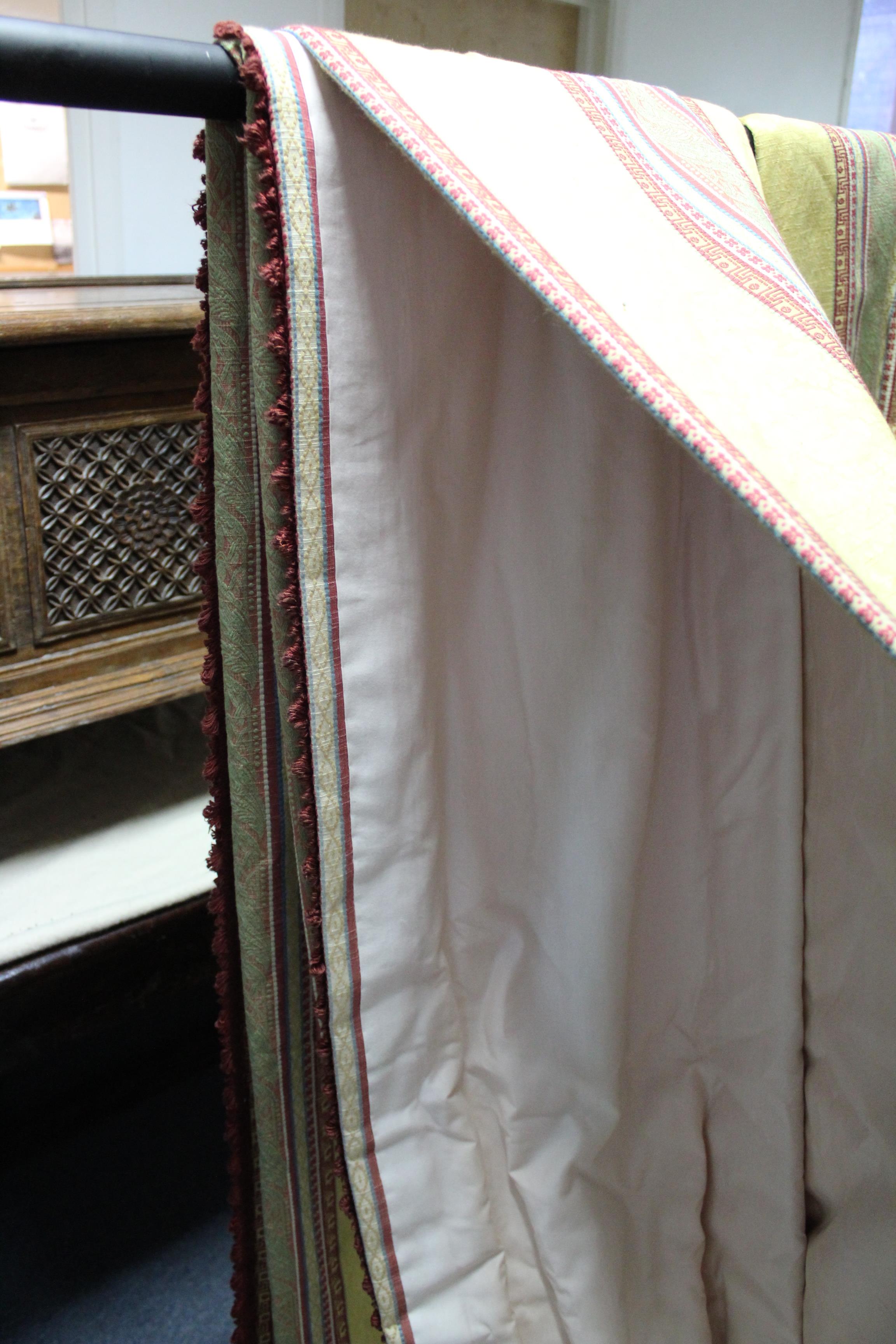 A pair of old gold & crimson damask lined &interlined curtains with floral design & striped - Image 4 of 5