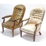 A pair of William IV carved rosewood armchairs with buttoned backs, padded seats & arms, on turned &