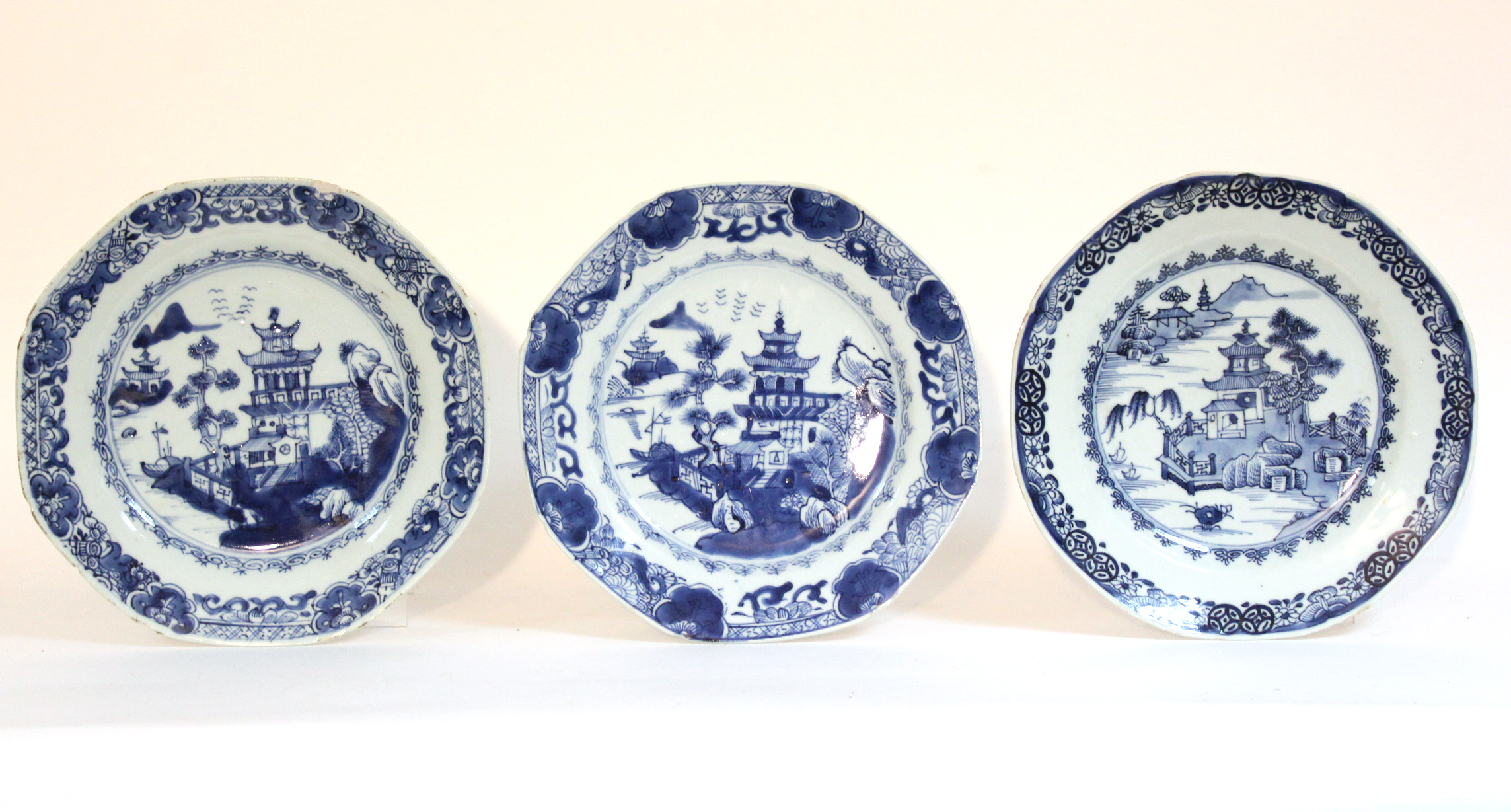 A set of six 18th century Chinese blue-&-white porcelain 9” octagonal plates with formal landscape - Image 3 of 5