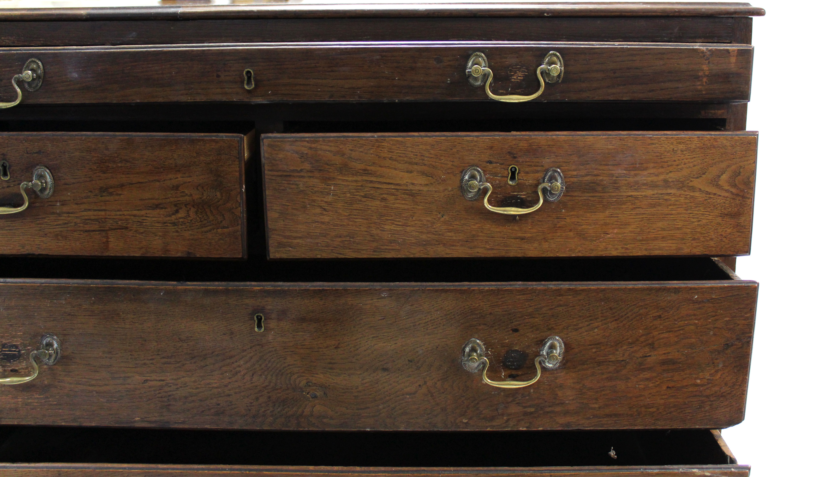 An early 18th century large oak chest, fitted full-width shallow drawer above two short & three long - Image 3 of 4