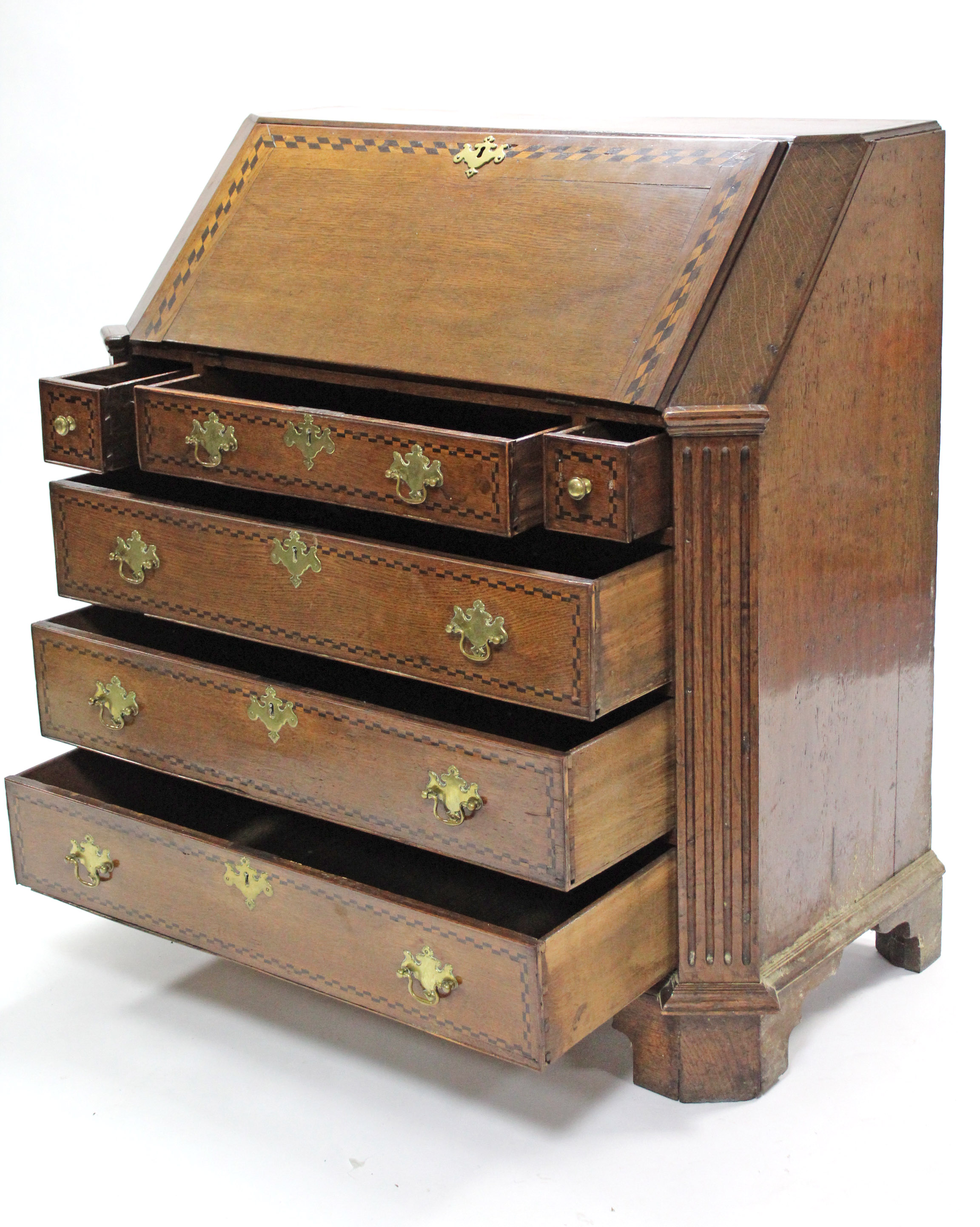 An 18th century oak bureau, with chequered inlay & wide fluted canted corners, the sloping fall- - Image 2 of 4