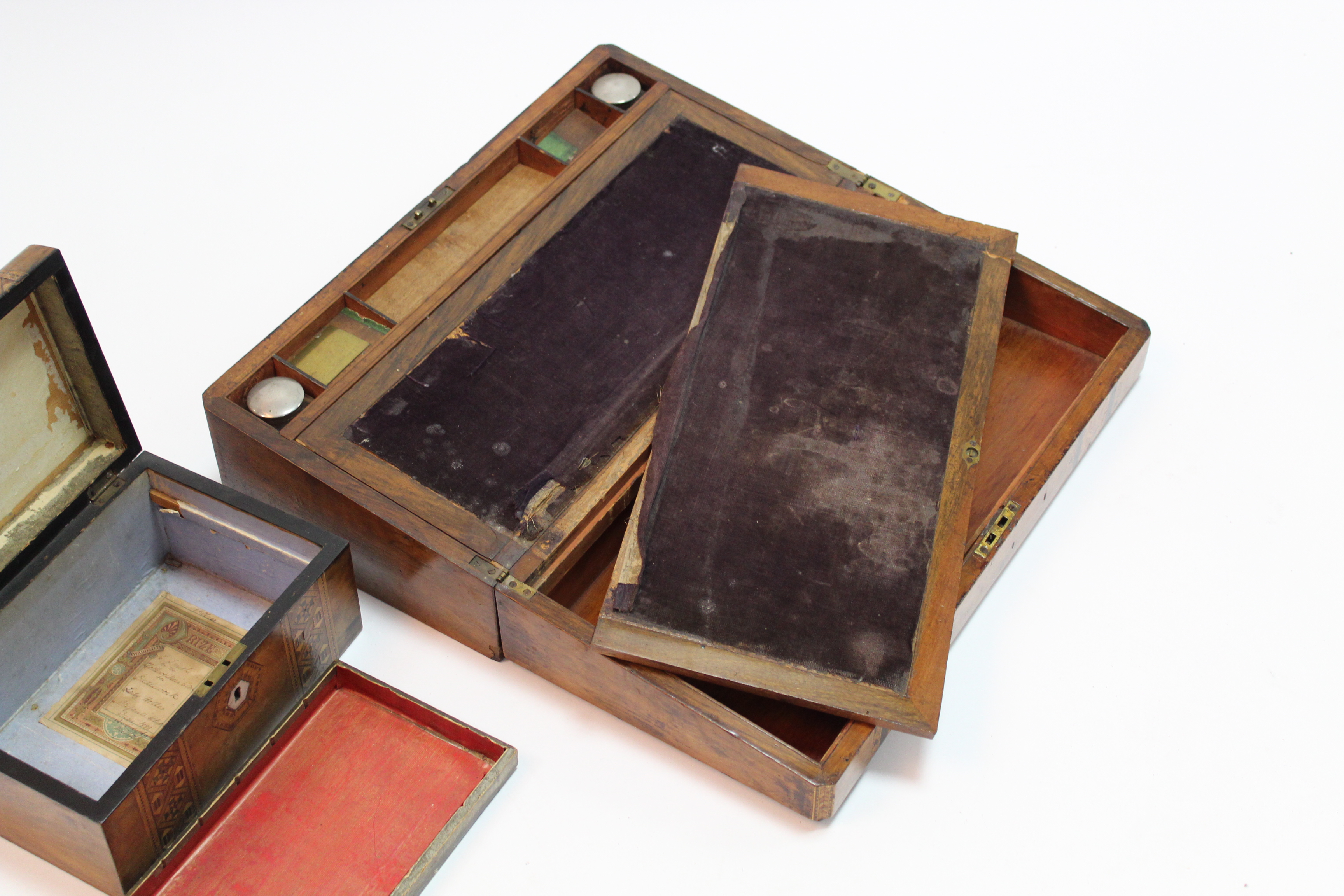 A 19th century burr-walnut & parquetry-inlaid large writing slope with fitted interior, 20” x 10” ( - Image 4 of 4