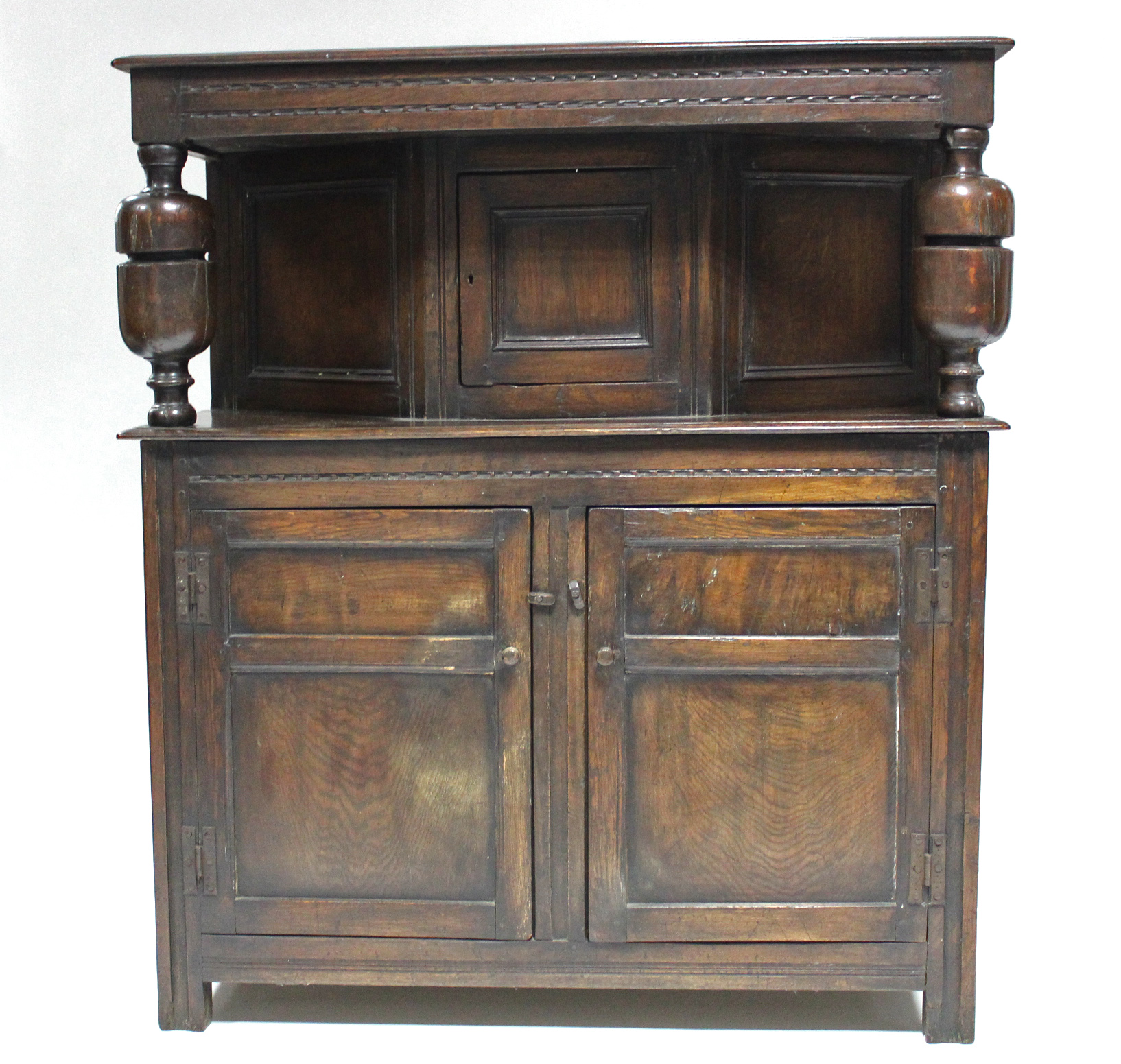 A 17th century-style joined oak court cupboard, the upper part with craved frieze & central panel - Image 2 of 3