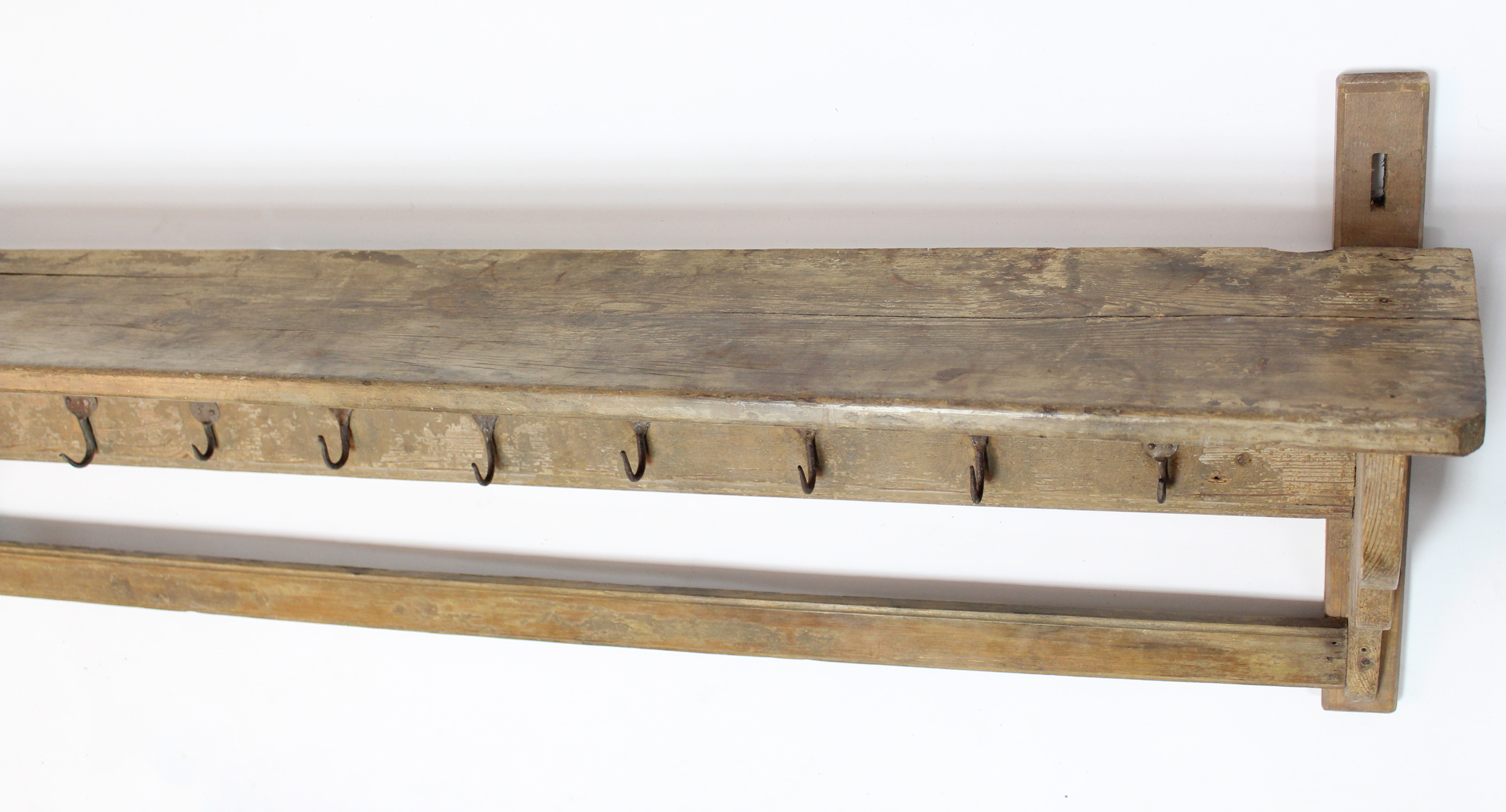 A Victorian painted pine kitchen wall shelf with hanging rack below, having nine wrought iron hooks; - Image 3 of 3