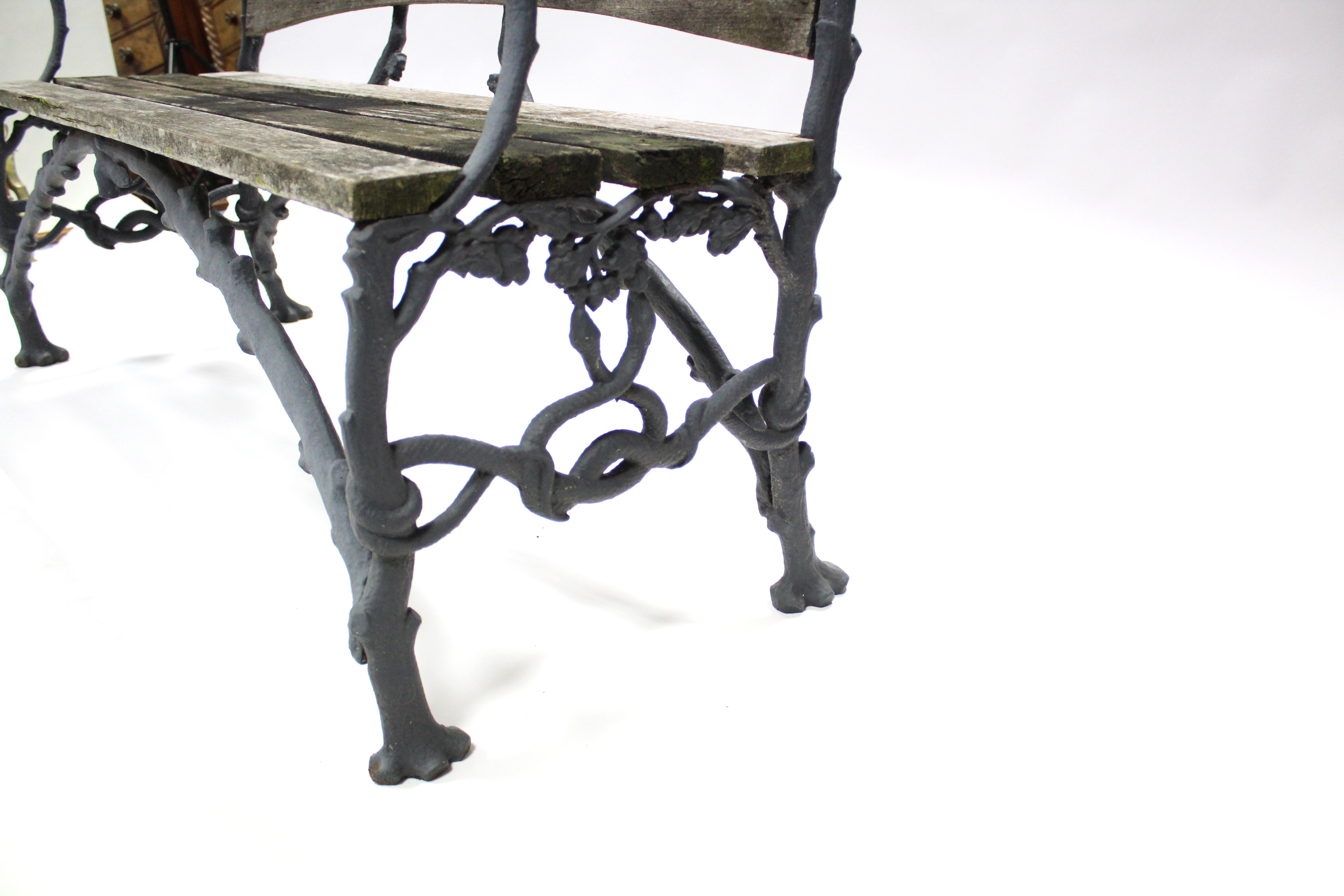 A Victorian Coalbrookdale-type cast iron & wood-slat garden bench formed as oak branches with leaves - Image 2 of 2