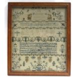 A George IV needlework sampler by Mary Ann Baker, aged 11 years, dated 1829, with flowers & animals,