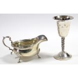 A modern silver goblet with plain bell-shaped bowl on textured stem, 5¾” high; Sheffield 1972 by
