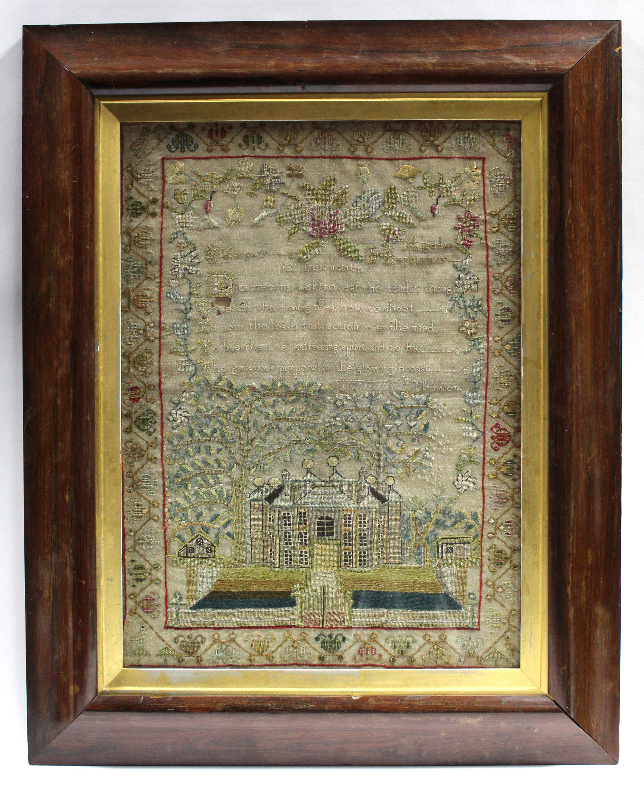 A George III needlework sampler by Mary Hepburn, aged 10, undated, with country house amongst trees,