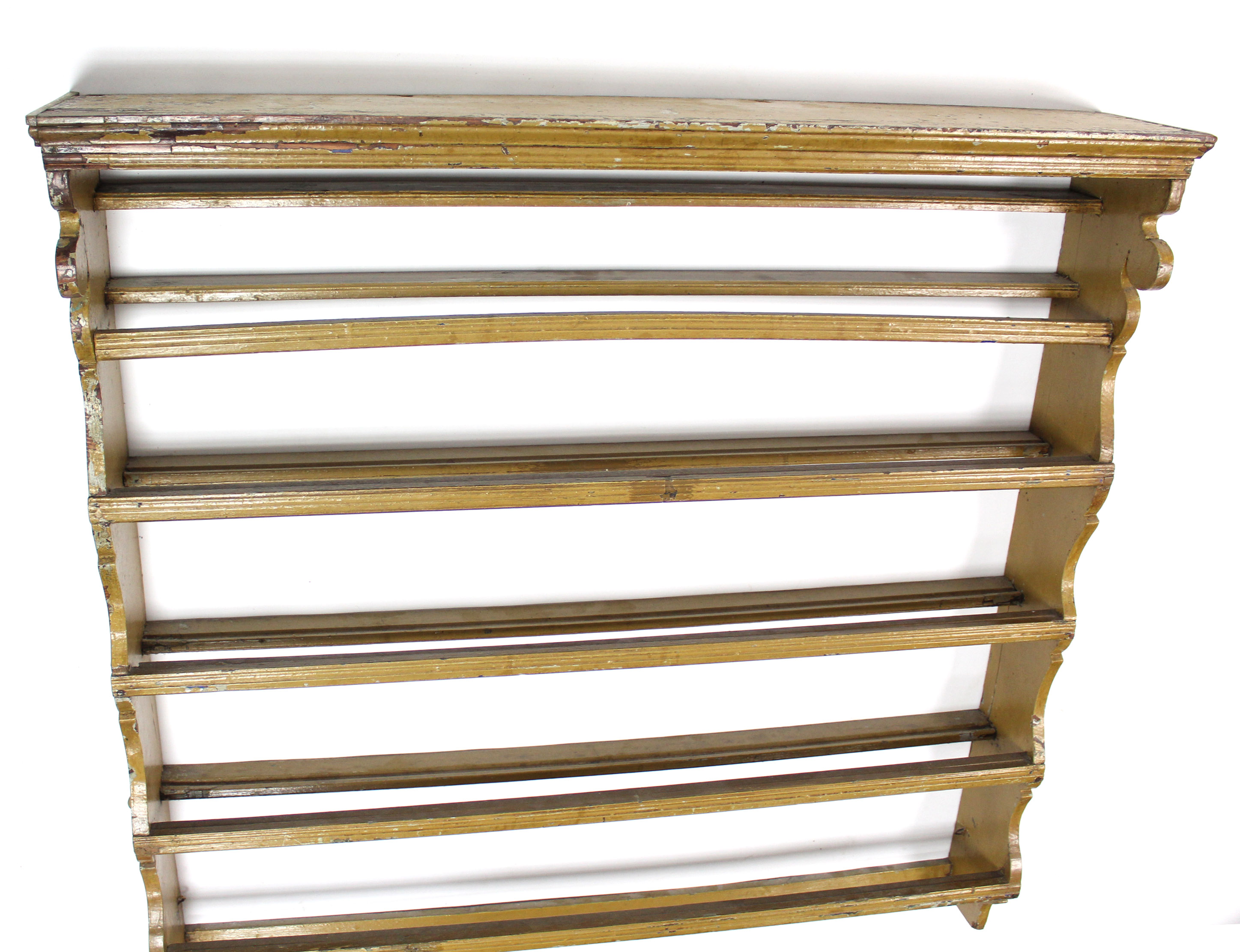 An early 18th century wall-mounted plate rack of three open shelves, painted in ochre, 40½” wide x - Image 3 of 3