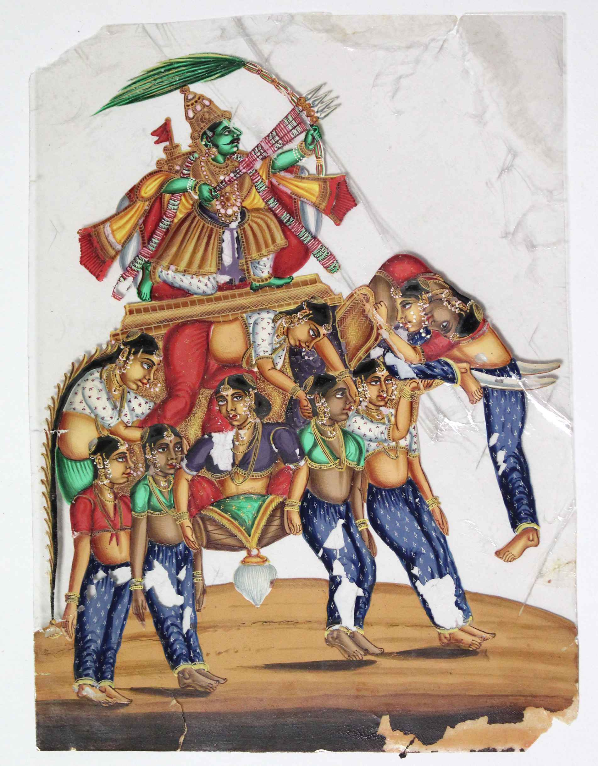 A 19th century Indian gouache painting on mica of a green deity shooting arrows, riding on a