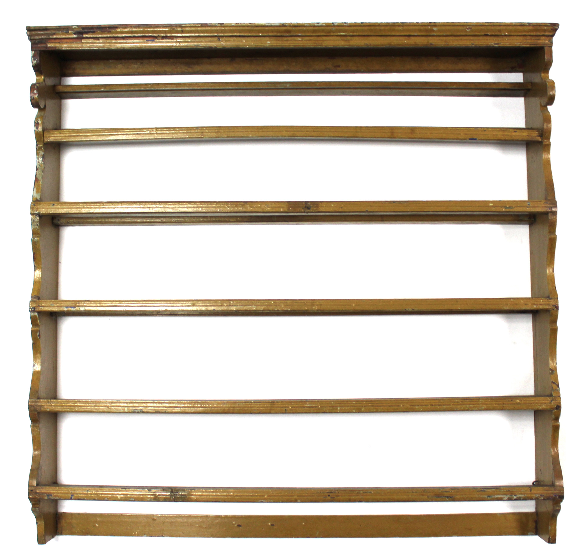 An early 18th century wall-mounted plate rack of three open shelves, painted in ochre, 40½” wide x - Image 2 of 3