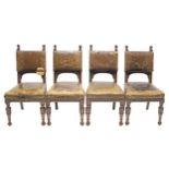 A SET OF FOUR CONTINENTAL-STYLE WALNUT DINING CHAIRS BY HOLLAND & SONS, each with carved soldier-