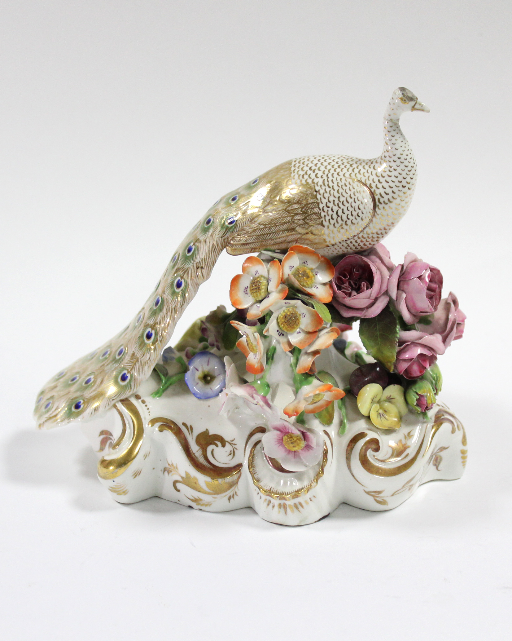 A Bloor Derby model of a peacock by John Whitaker, standing on a floral-encrusted mound base with - Image 2 of 5