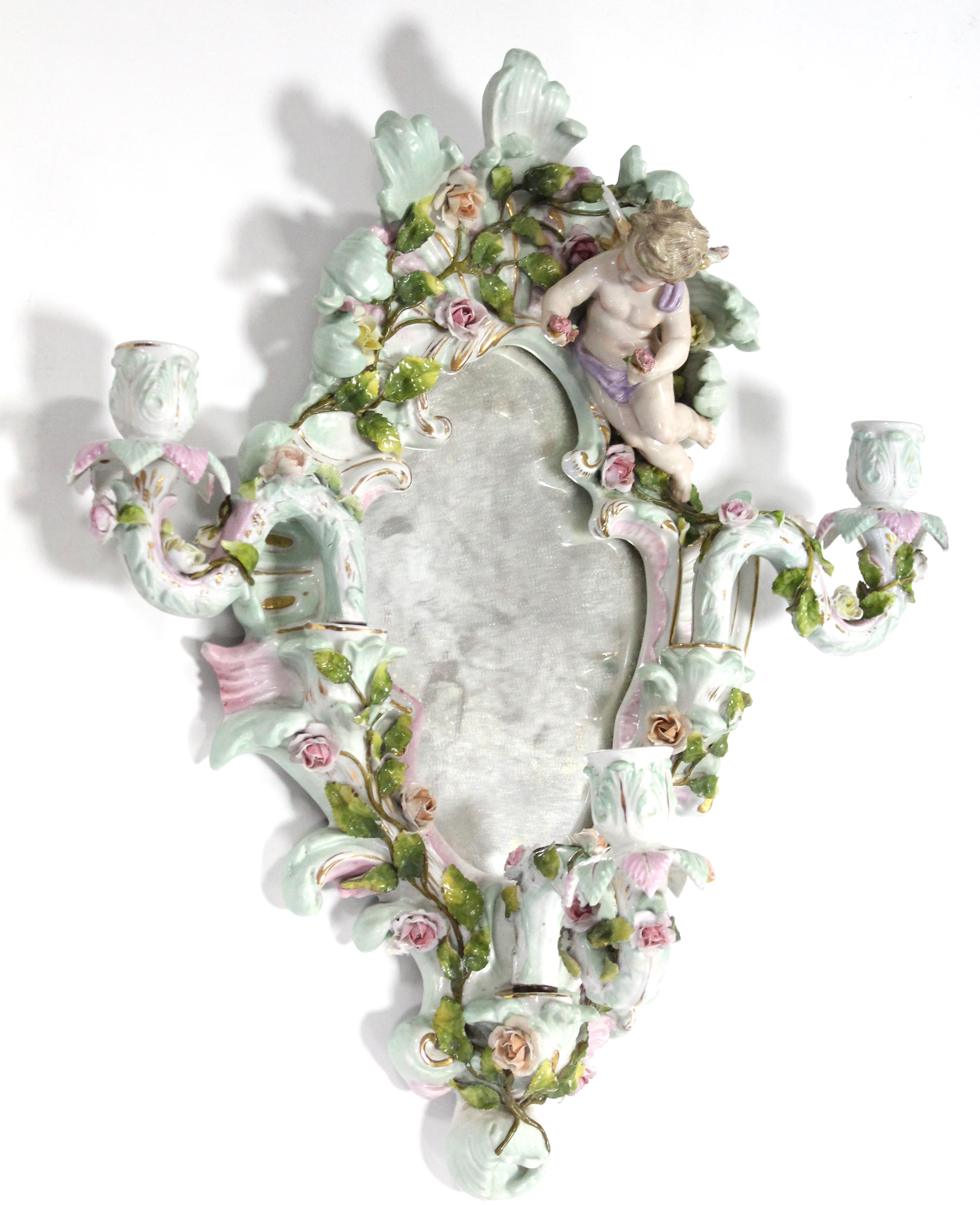 A 19th century Dresden porcelain shaped oval girandole with cherub surmount, all over floral - Image 2 of 6