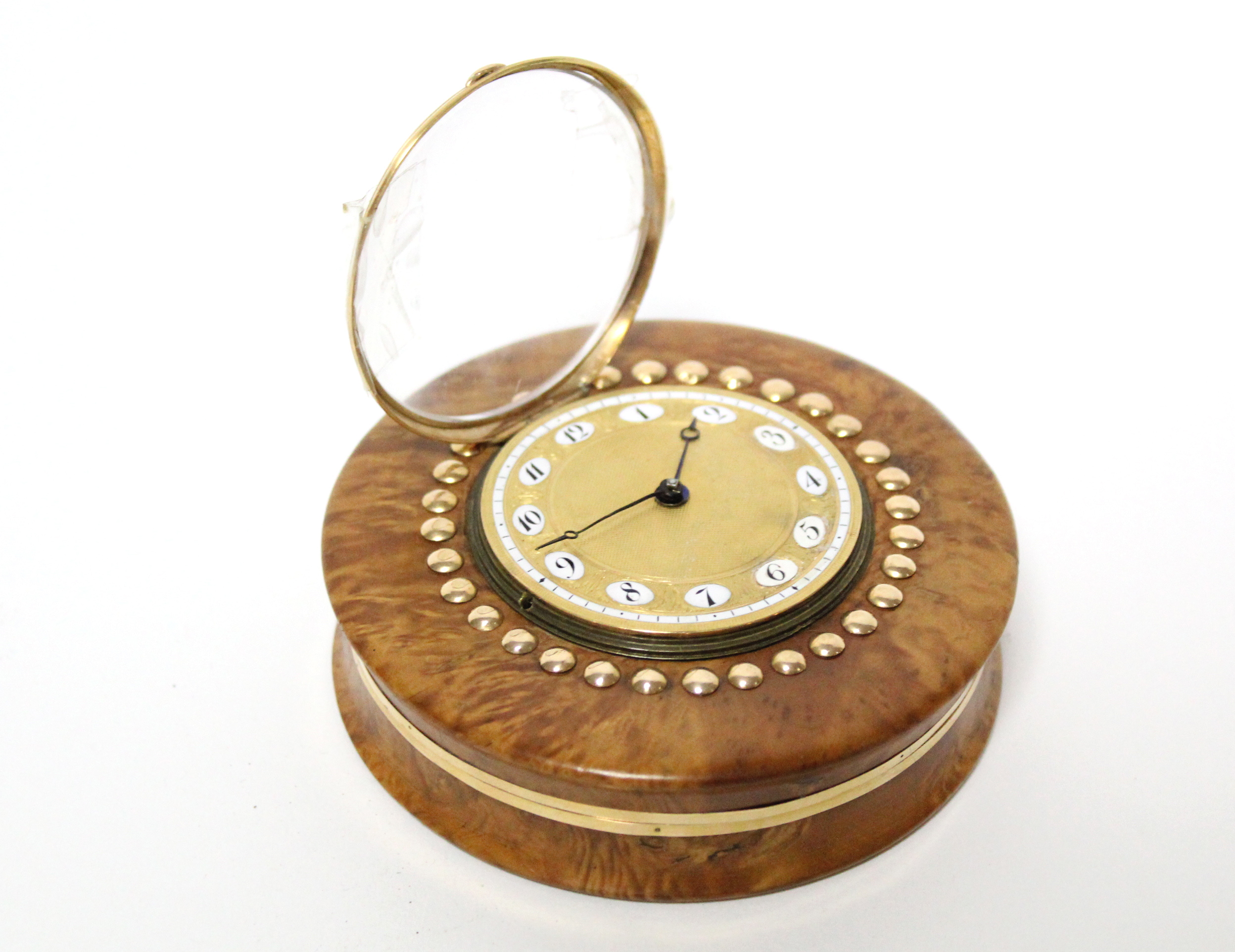 An early 19th century burr-maple flat circular box with tortoiseshell lined interior, the - Image 2 of 7