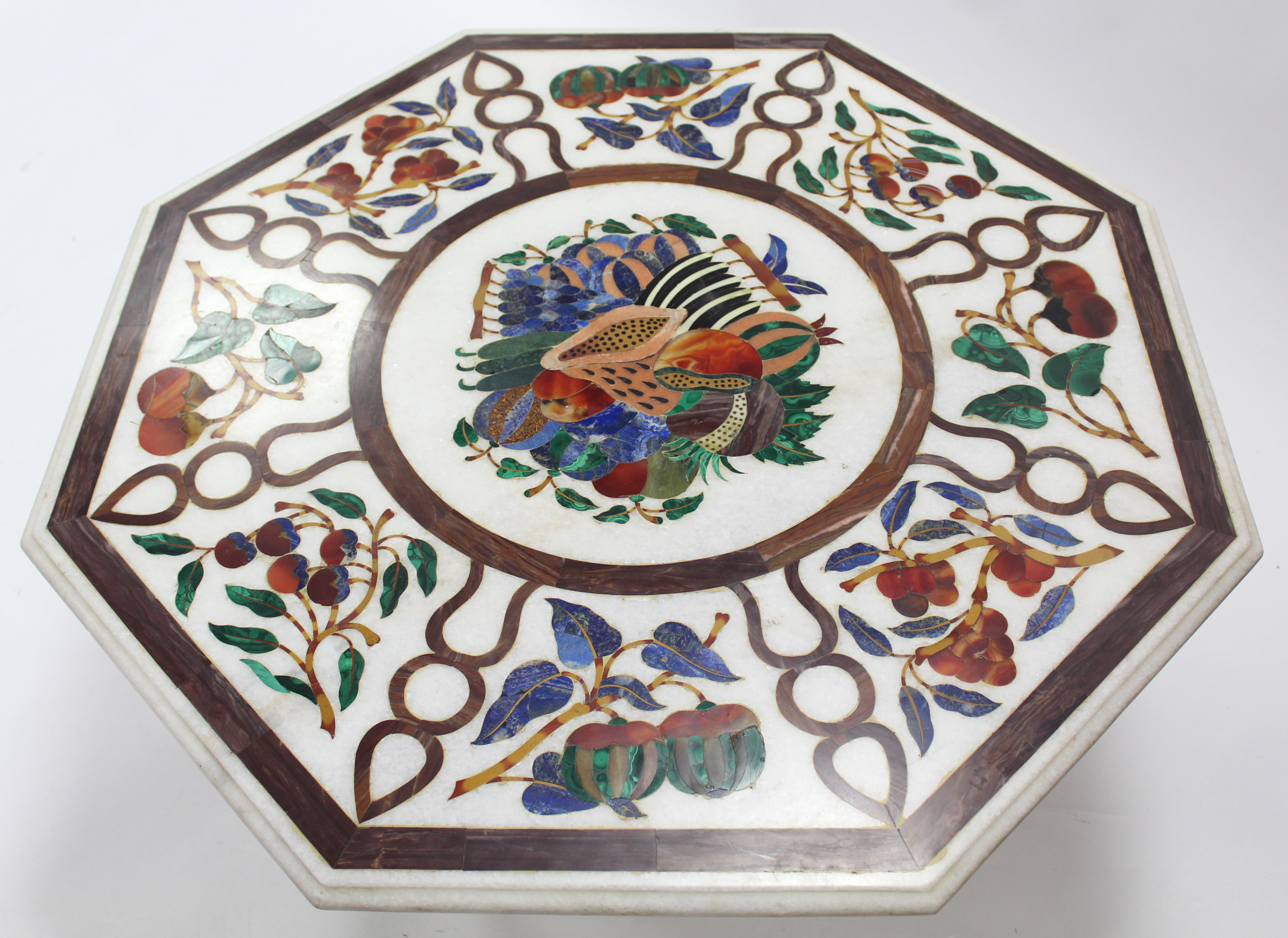 A 20th century Pietra Dura octagonal marble low table, decorated with exotic fruit in coloured - Image 2 of 3