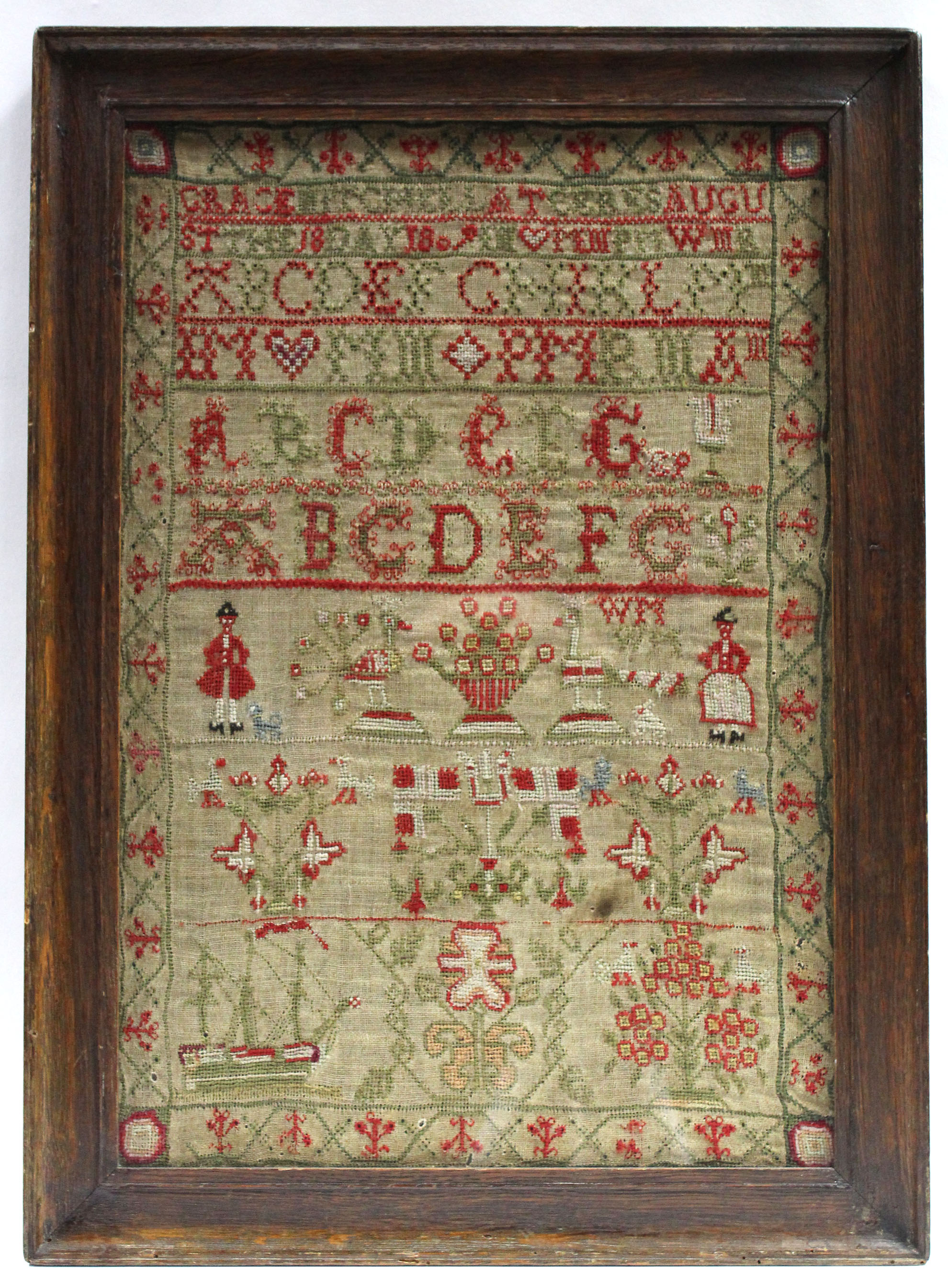 A George III needlework sampler inscribed, “Grace Mitchel at Ceres, August The 18 Day, 1809”, with