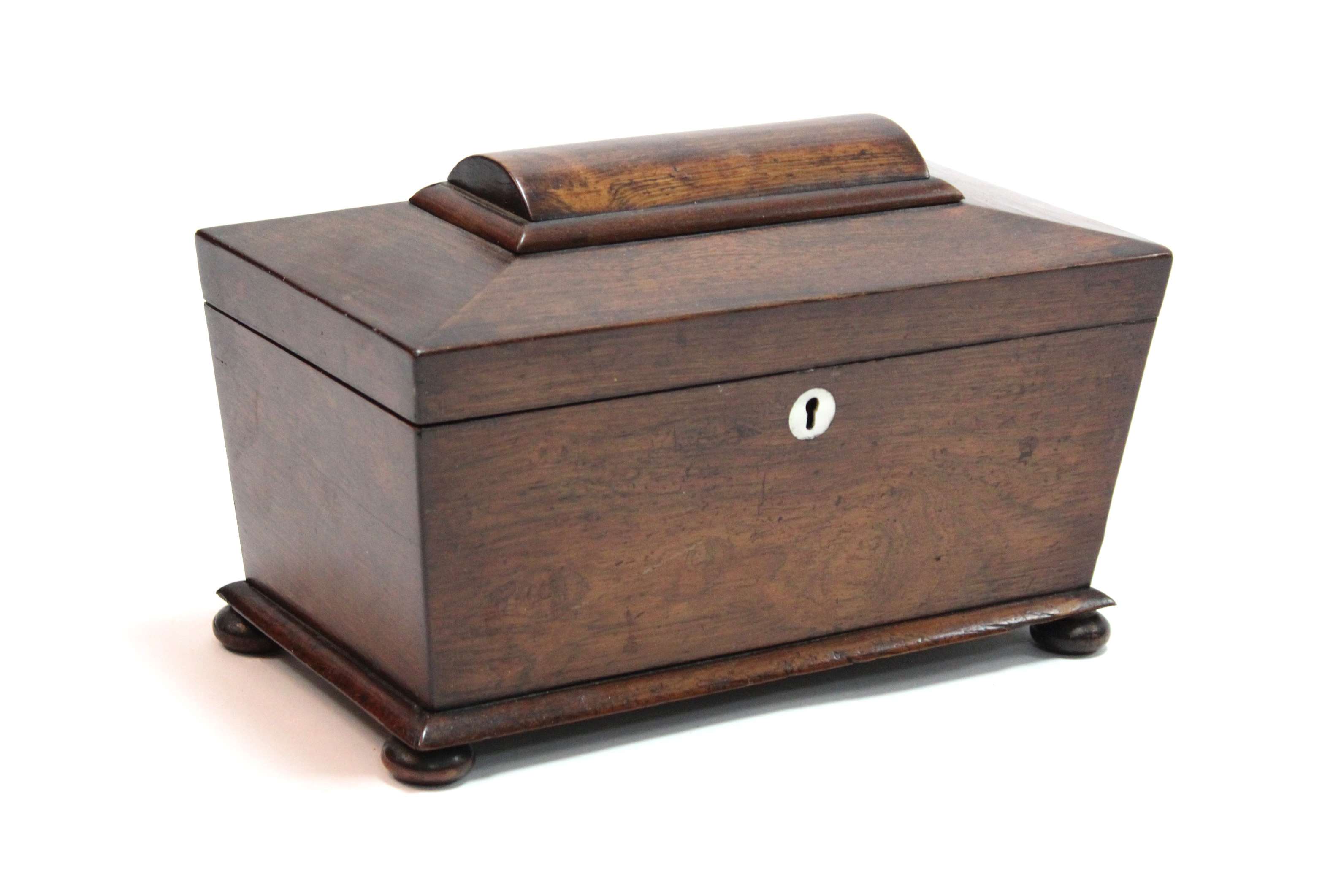A 19th century rosewood tea caddy of rectangular form, with tapered sides & rounded top, on bun - Image 2 of 4