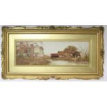 A 19th century watercolour painting of a farmhouse & outbuildings beside a river, signed with