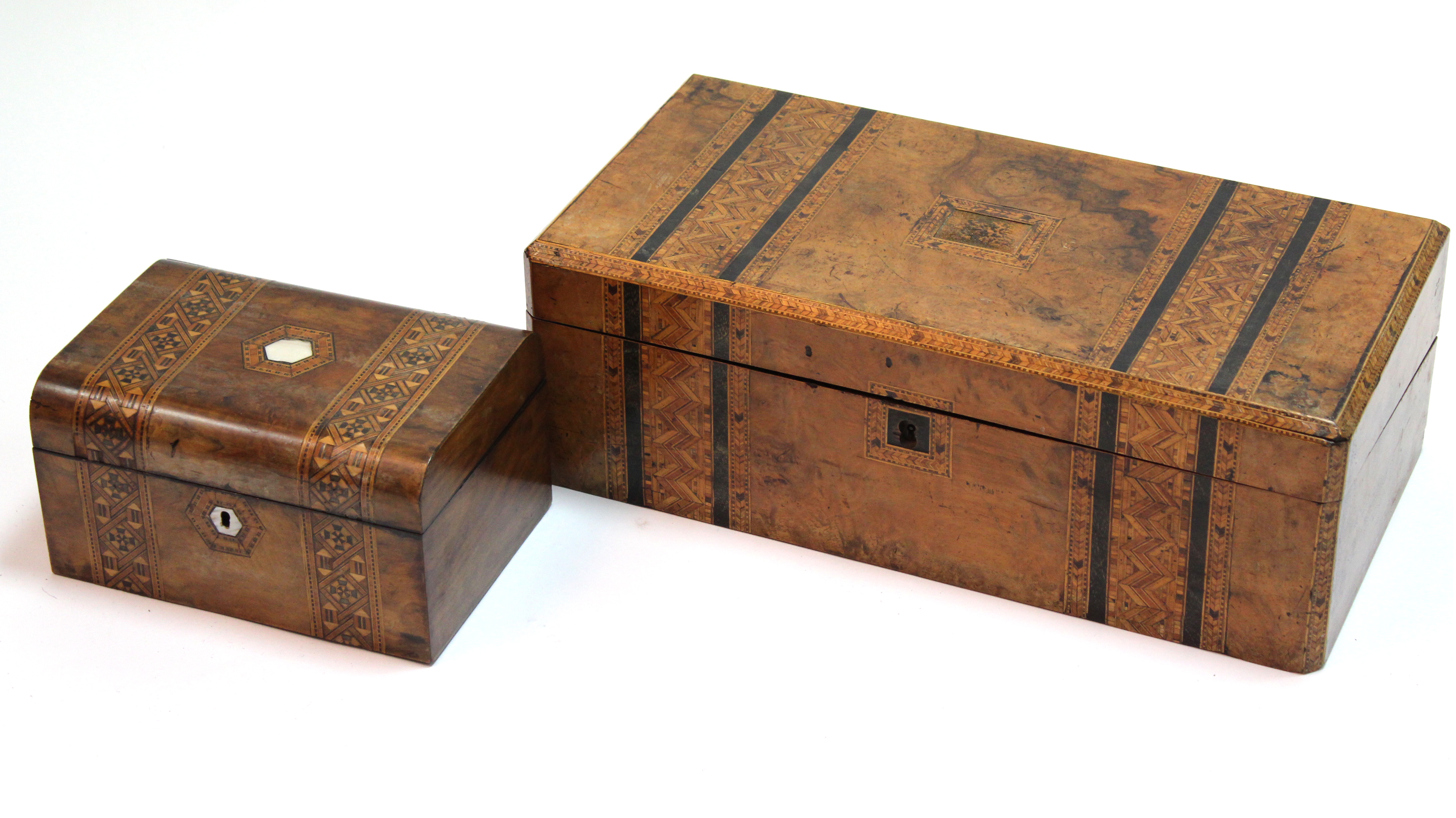 A 19th century burr-walnut & parquetry-inlaid large writing slope with fitted interior, 20” x 10” (