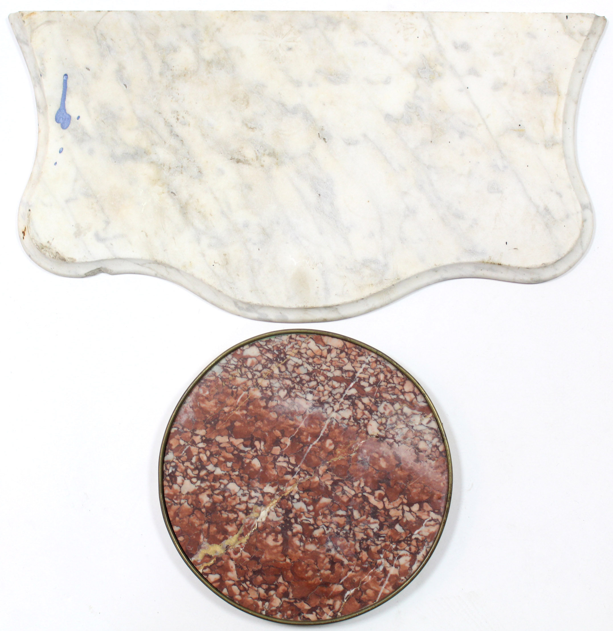 A 19th century marble serpentine-front table top, 25” wide; & a circular rouge marble table top with