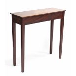 A 19th century figured mahogany side table with rectangular top, on square tapering legs; 30” wide.