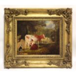 ENGLISH SCHOOL early 19th century. A milkmaid & dairy cow in a wooded landscape, a sheepdog by her