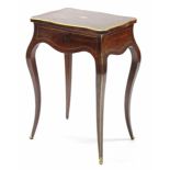 A 19th century French rosewood, amboyna, brass, & mother-of-pearl inlaid work table, the shaped