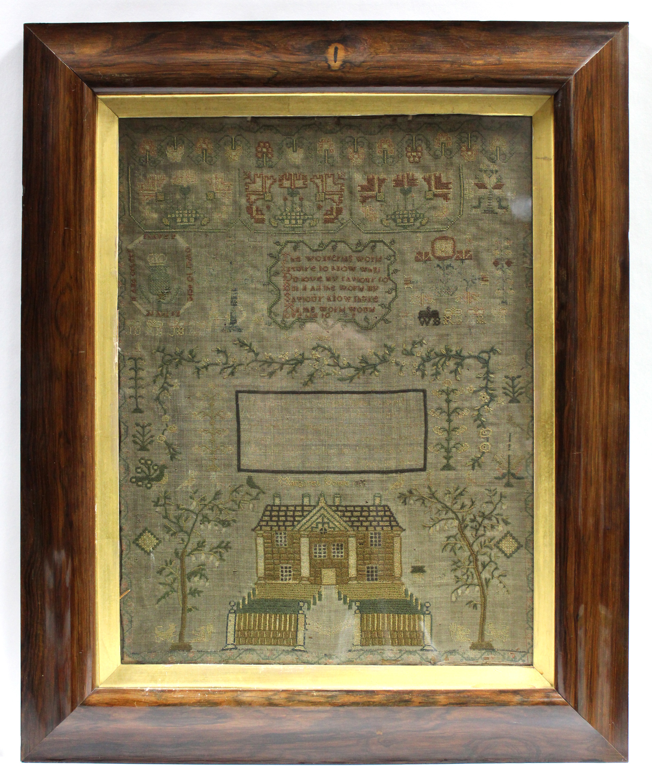 A George III needlework sampler by Jean & Margaret Bowie (no ages or date), with country house