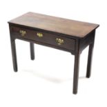 An 18th century oak side table, fitted frieze drawer with shaped &pierced brass swing handles, on