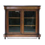 A Victorian inlaid burr-walnut side cabinet, fitted two shelves enclosed by a pair of glazed doors