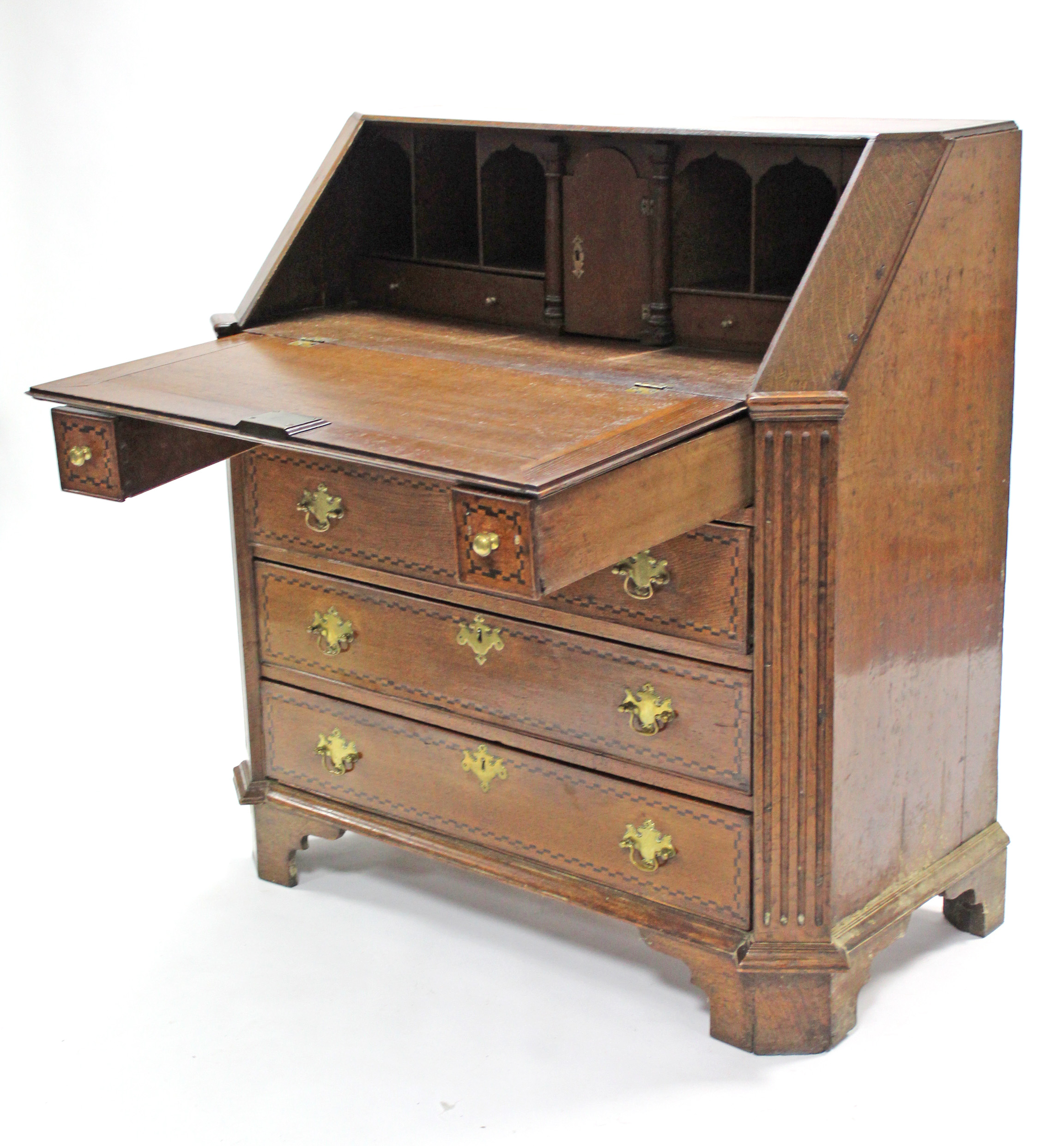 An 18th century oak bureau, with chequered inlay & wide fluted canted corners, the sloping fall- - Image 3 of 4