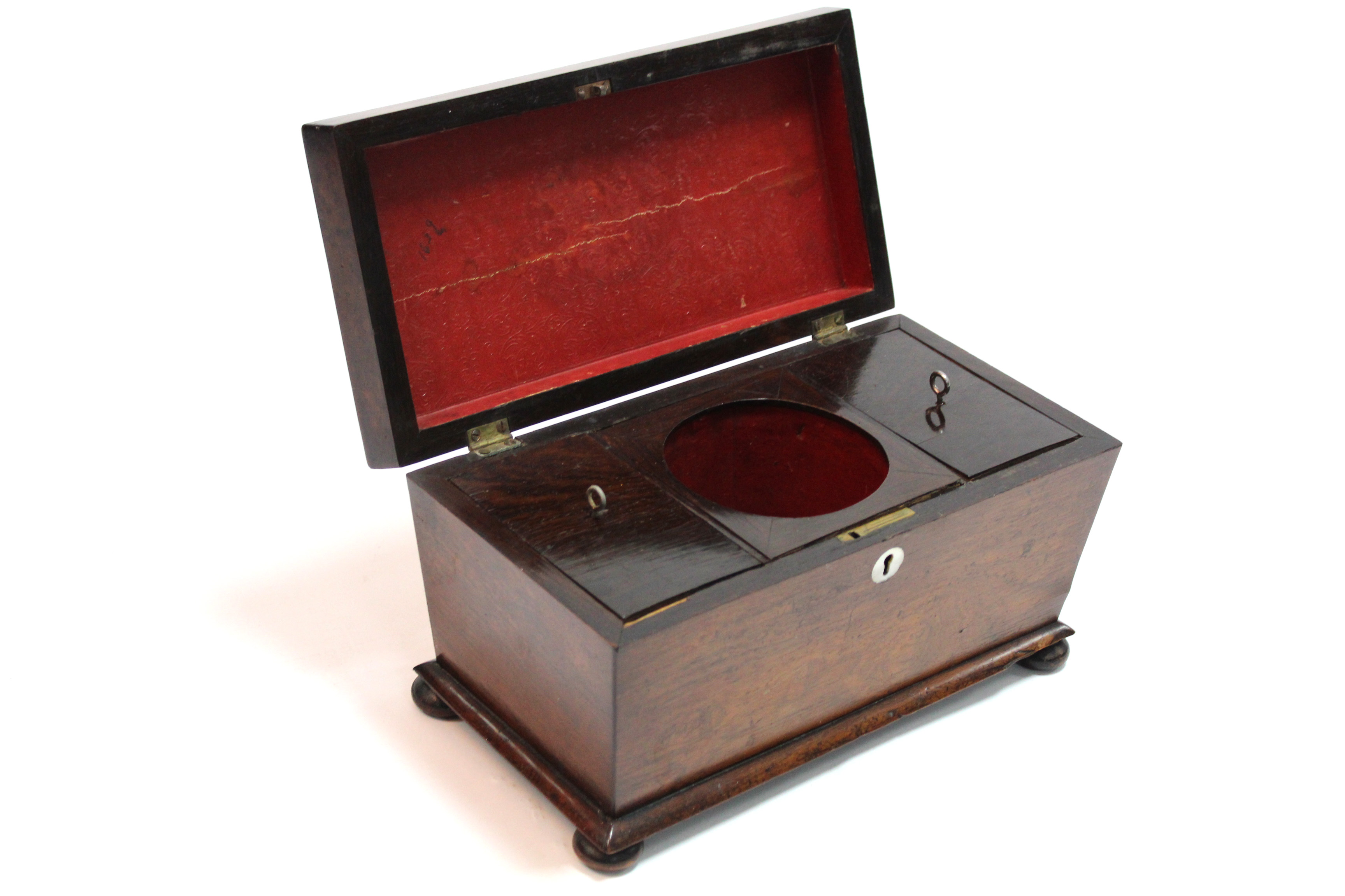 A 19th century rosewood tea caddy of rectangular form, with tapered sides & rounded top, on bun - Image 3 of 4