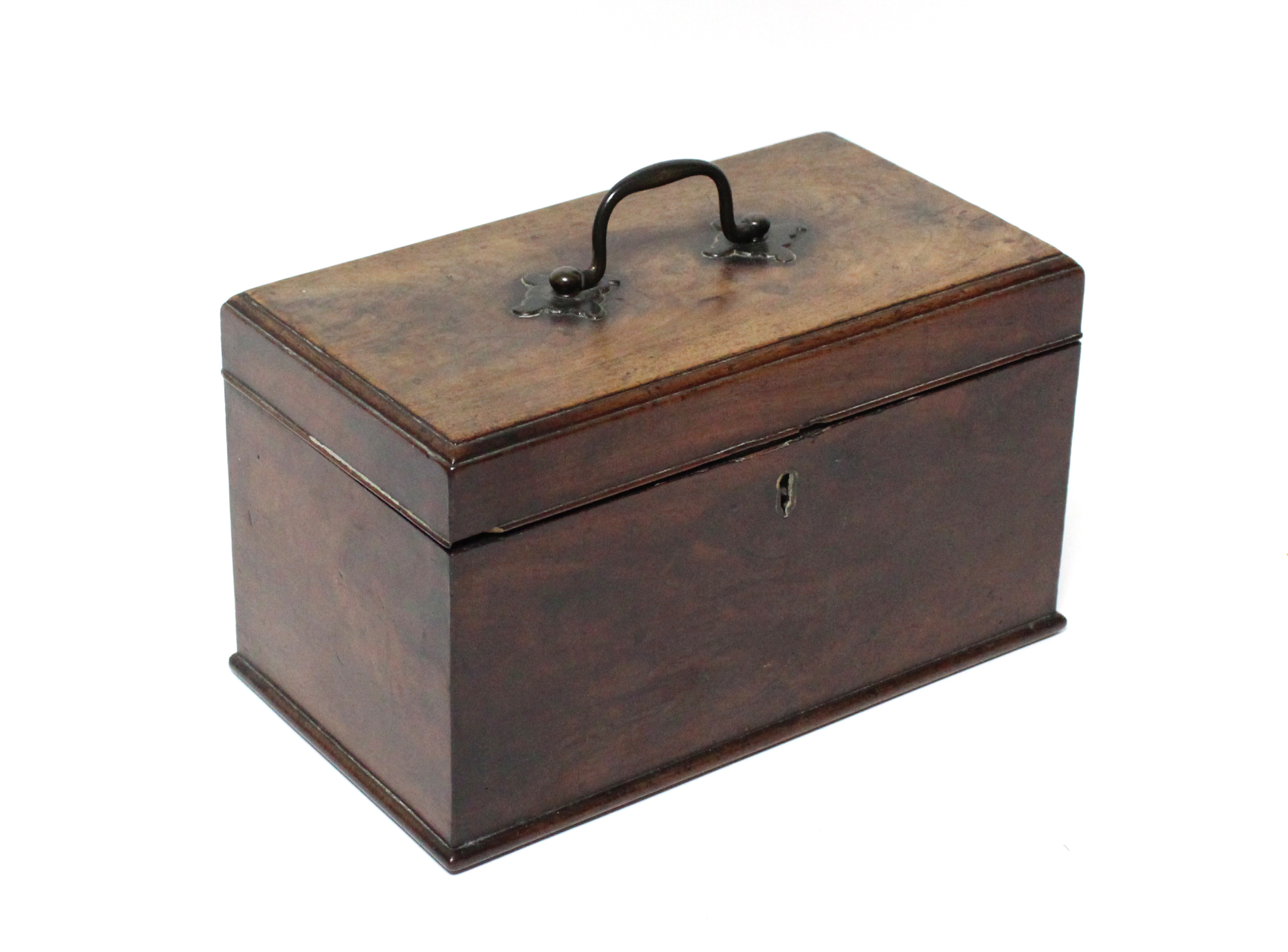 A George III figure mahogany tea caddy with brass swing handle to the hinged lid, 10” wide.